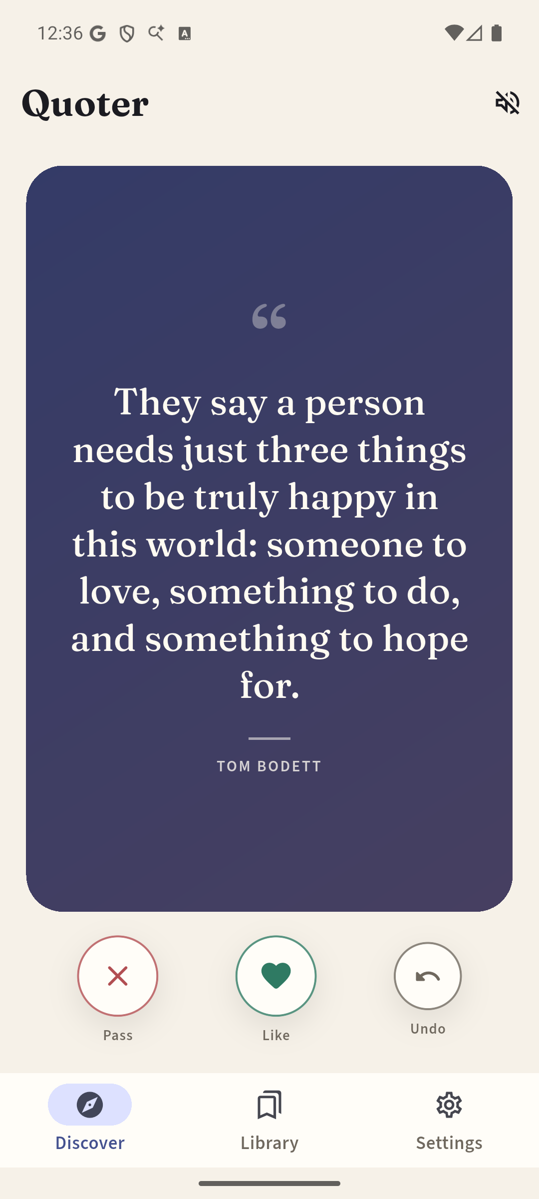 Quoter Discover screen showing a quote with pass, like, and undo actions