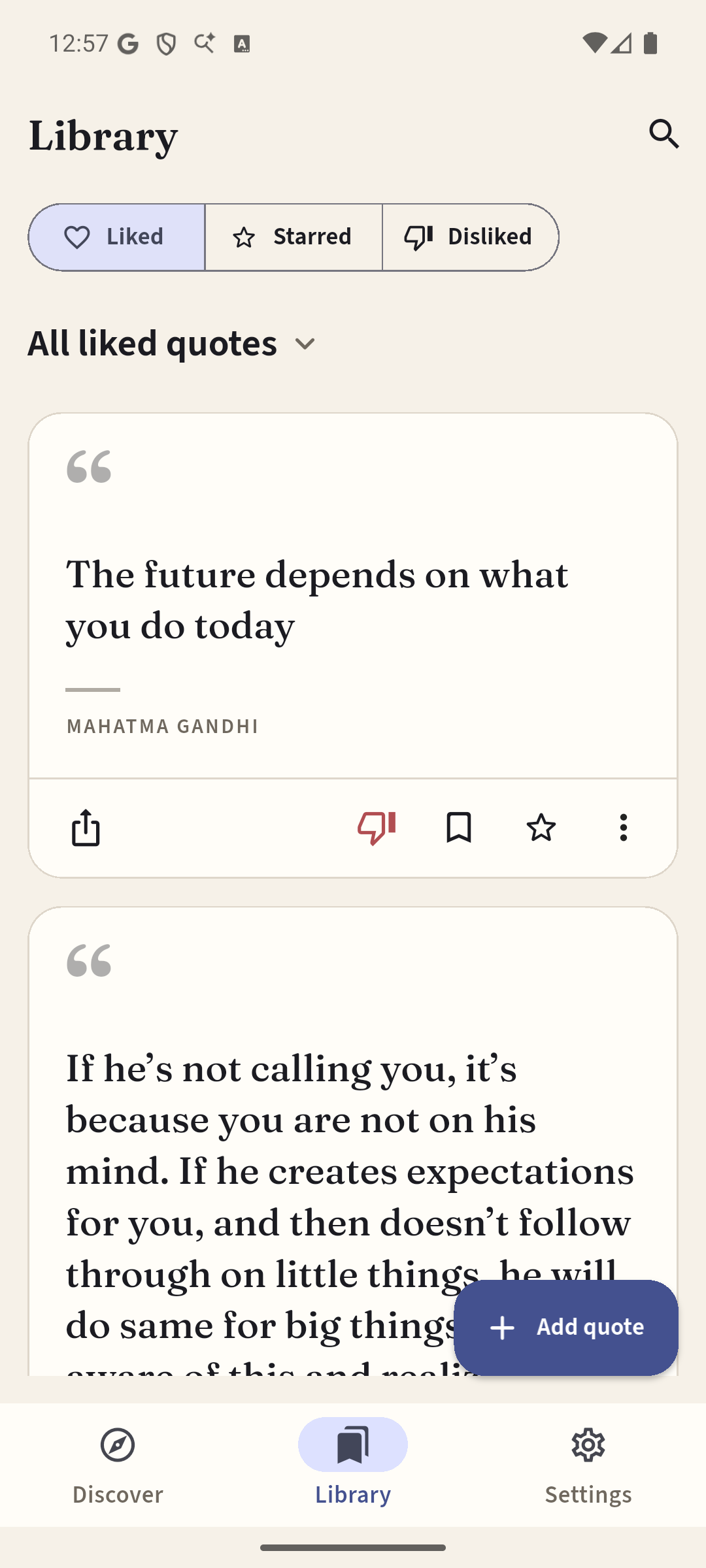 Quoter Library showing liked, starred, and disliked quotes