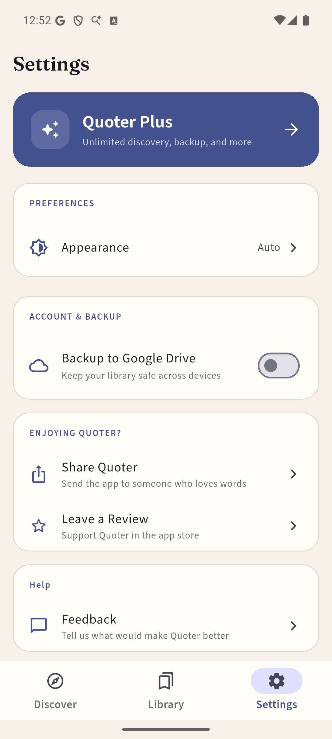 Quoter Settings showing Quoter Plus and Google Drive backup